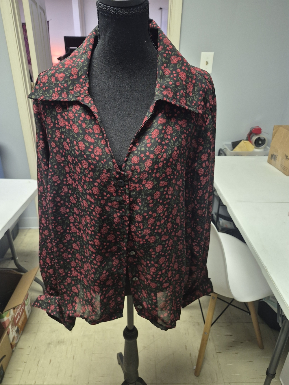 White Stag Black Button-Front Blouse with Red Floral Print